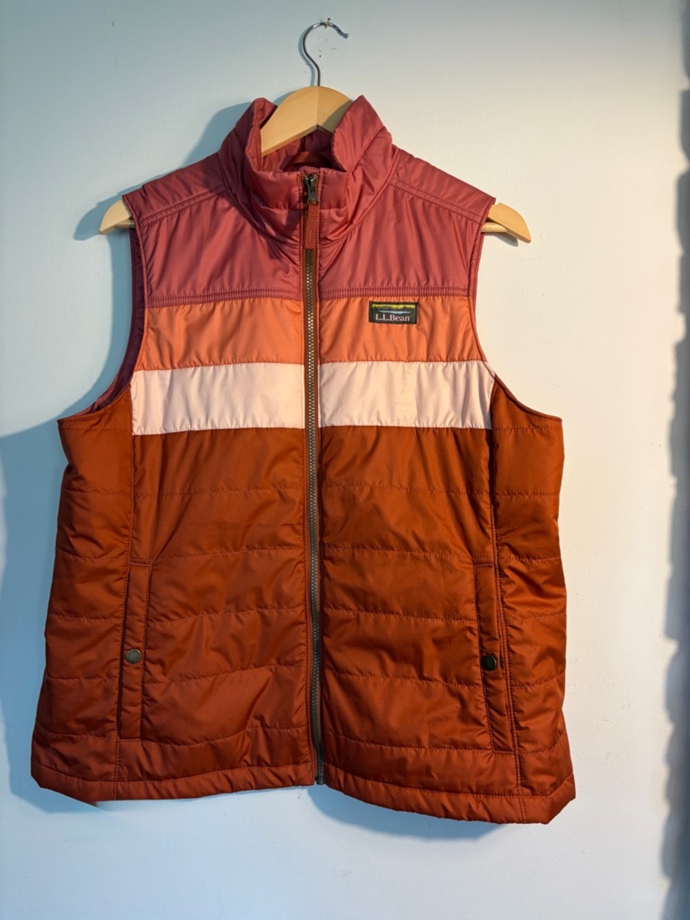 L.L. Bean Quilted Colorblock Vest in Rust, Pink, Peach and Cream